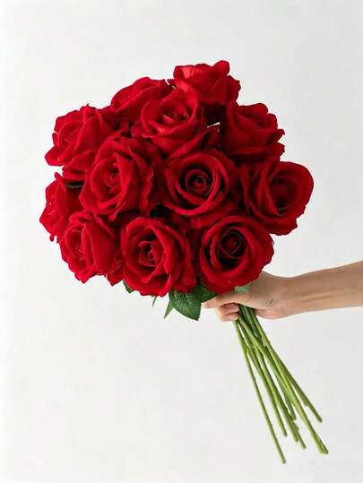 5包/4支/1支 红色玫瑰仿真新娘捧花 逼真天鹅绒仿真花摆设装饰 假玫瑰 仿真玫瑰 情人节礼物 婚礼派对 家居装饰 生日礼物 户外室内装饰 花瓶插花装饰（购买说明：可能略有气味，请放置于窗边通风1-2天） 生日 毕业