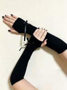 1 Pair Fingerless Fabric Gloves,Festival,Party - Black - View 2