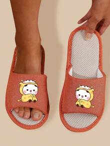 Linen Slippers, Spring & Autumn Household Daily Use Women Shoes, Open-Toe Solid Color Cute Woven Animal Open-Toe Slippers, Holiday Non-Slip Breathable Unisex Slippers - Orange - View 2