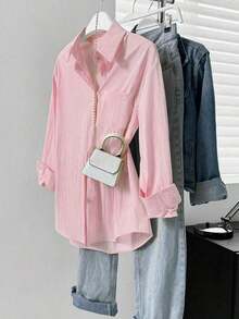 Women's Yellow Polyester Button Down Shirt, Dropped Shoulder Long Sleeve Regular Length Loose Fit Shirt, Solid Color Button Front Pocket - Elegant Basic Solid Color Shirt, Fashionable Lapel Long Sleeve Blouse, Casual Shirt For Spring And Autumn, Fashionable And Elegant Women's Shirt, Spring Clothes Women, Yellow Top - 粉色 - 查看 4