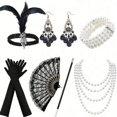 Juego de 7 piezas de disfraz de fiesta vintage elegante y sexy de la época de los años 20 para mujer, que incluye tocado, aretes, diadema de plumas, guantes, brazalete, boquilla para cigarrillos y abanico de encaje para Halloween