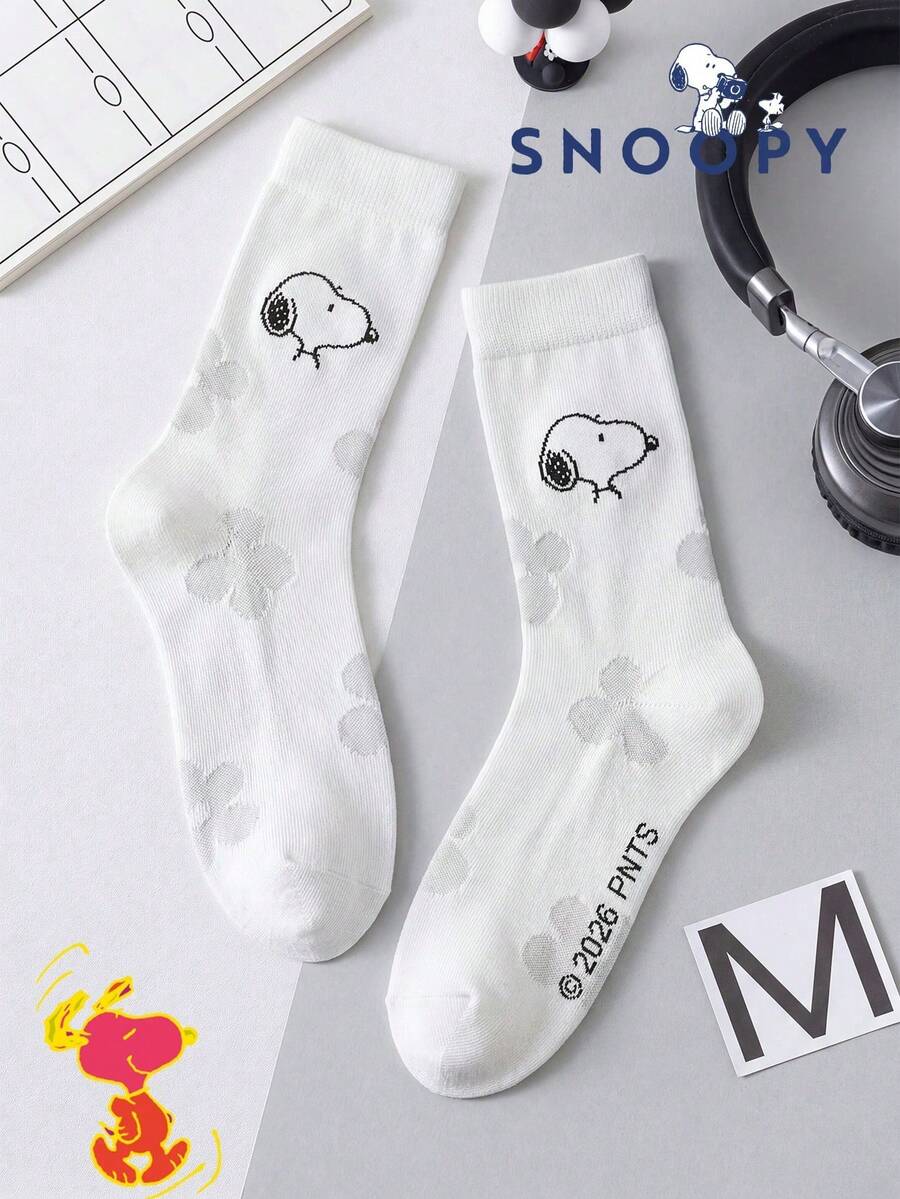 1/3 Pairs Authentic Snoopy Patterned Women's Summer White Crew Socks, Breathable Cartoon Design Snoopy Socks, Odor-Resistant Moisture-Wicking Casual Crew Socks With Cartoon Pattern, Suitable For Students/Adults As Gifts Or Daily Wear - Multicolor - View 1