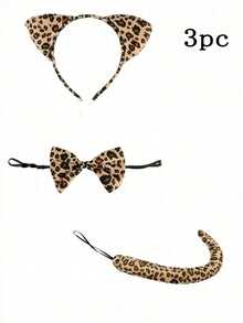 3 Piecespopular Best-Selling Leopard Print Set, Featuring A Hairband And Butterfly End Decoration. Suitable For Festive Parties And Stage Outfits. - Khaki - View 8