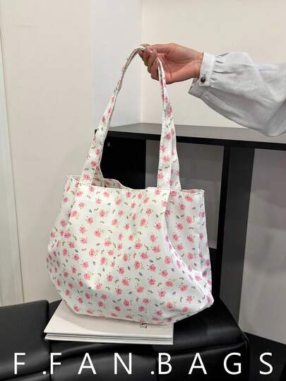 Fashionable Ditsy Floral Large Capacity Tote Bag, Korean Style Unique Casual Shoulder Bag For Students