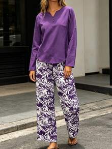 Women's 2 Piece Outfits, Long Sleeve Henley Top & Tropical Print Wide Leg Pants Set, Casual Loose Loungewear For Vacation, Beach, Daily Wear - 紫色 - 查看 4