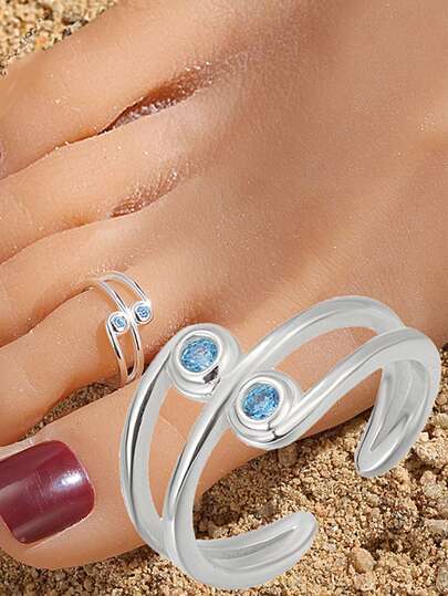 1 pieza Anillo para el dedo del pie de diseño geométrico de doble capa de plata de ley 925, elegante y elegante, adecuado para mujeres, versátil para uso diario, vacaciones y viajes