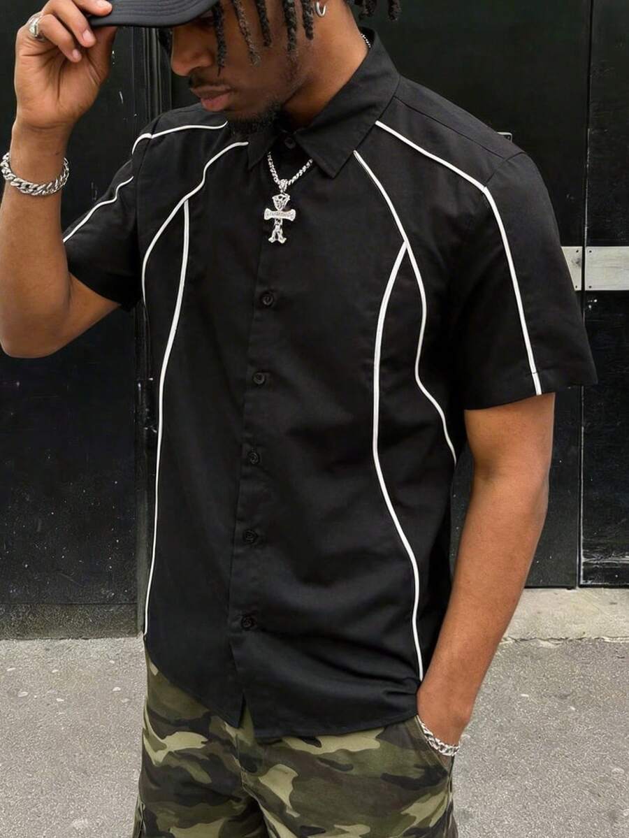 Men's Colorblock Line Patchwork Short Sleeve Shirt, Casual Street Style Summer Outfit - Black - View 1