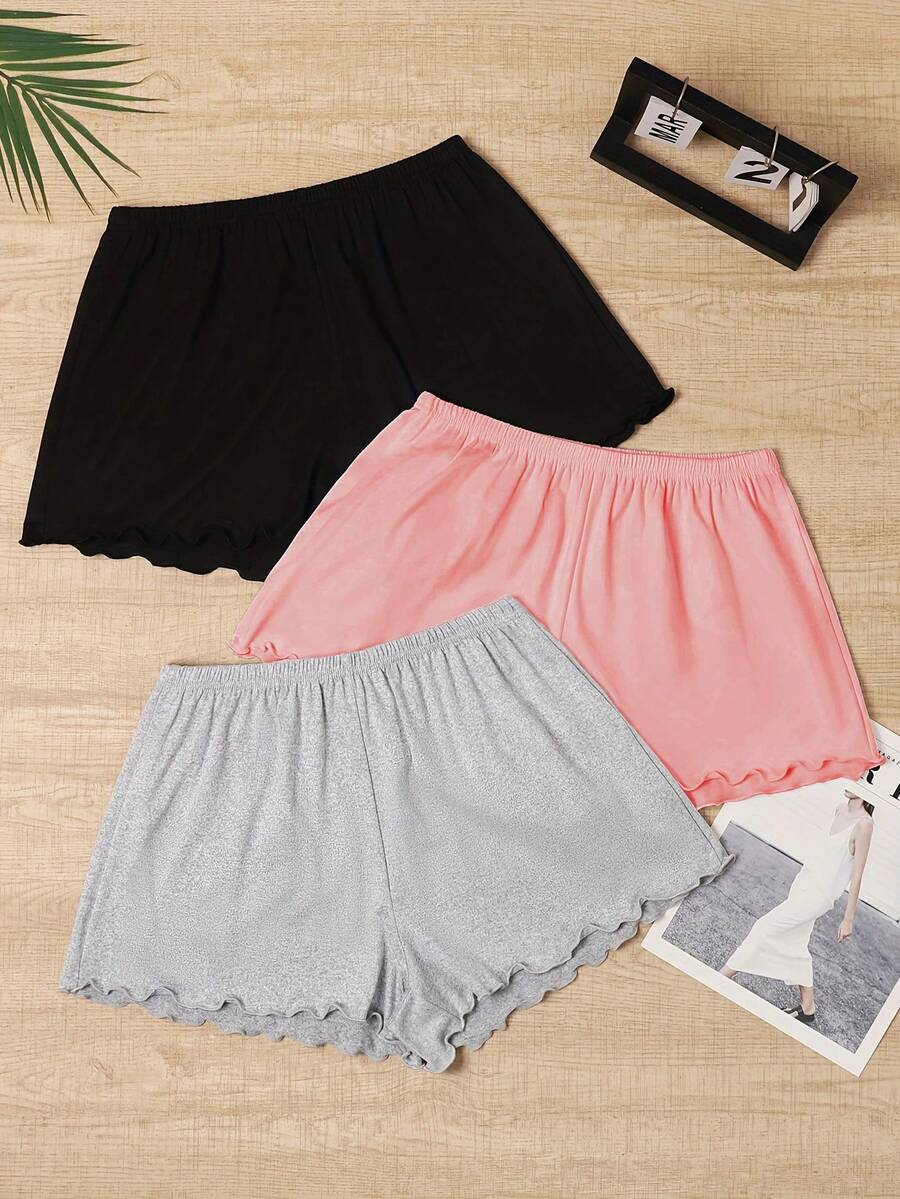 3pcs Set Spring/Summer Minimalist Ruffle Hem Shorts & 3pcs Set Solid Color Comfortable Lounge Pants - Multicolor - View 1
