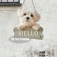 Letrero de madera plano 2D con ilustración de perro Maltés y texto "HOLA", adecuado para habitación, pasillo, corredor, cerca del jardín y decoración exterior, regalo perfecto para propietarios de mascotas - Multicolor - Ver 14