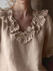 Spring/Summer Fashion & Casual Top - Solid Color With Pleated Paneling / Ruffles - Beach Resort Style - Khaki - View 3
