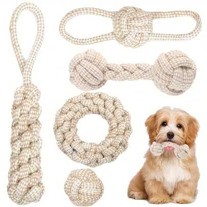 Bộ đồ chơi dây thừng bằng vải lanh 5 món cho chó, đồ chơi nhai tương tác giúp làm sạch răng, đồ chơi cho thú cưng giúp hơi thở thơm mát và răng miệng khỏe mạnh, có nút thắt hình bắp ngô để nhai, bộ đồ chơi dây thừng bền chắc - trò chơi kéo co vui nhộn, phù hợp với các giống chó cỡ trung bình và lớn, dễ vệ sinh, thiết kế vui nhộn, chất liệu an toàn cho thú cưng.