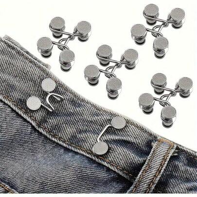 6 Stücke einstellbare Jeans Schnallen Set, praktisch und schnell zum Verstauen, nahtloser Metallgürtelclip, geeignet für Damenhosen, schnell verschließendes Design, multifunktionales silbergraues Schnallen Set