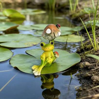 1 Tượng ếch ngộ nghĩnh trên nấm bằng nhựa, trang trí hoa súng cho cảnh quan sân vườn, món quà độc đáo cho người yêu thích làm vườn.