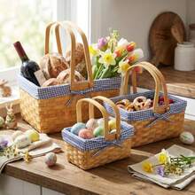 Cesta de picnic de diferentes tamaños con asas a cuadros a cuadros con forro de cuadros para primavera Pascua picnic camping al aire última intervensión recolección de huevos regalo de - Azul - Ver 6