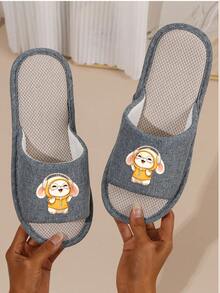 Spring & Autumn Household Linen Slippers, Solid Color Cute Fabric Animal Open-Toe Slippers, Non-Slip Breathable Unisex Slipper - Blue - View 3
