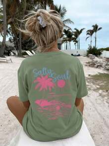 Women's Salty Soul Graphic T Shirt, Oversized Tropical Beach Tee, Palm Tree Ocean Print Casual Top, Coastal Vacation Shirt For Women, Summer Dailywear - 綠色 2 - 查看 1