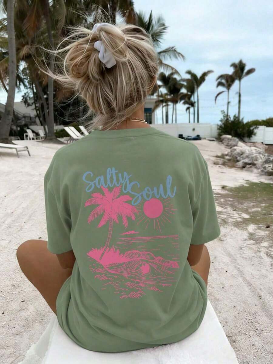Women's Salty Soul Graphic T Shirt, Oversized Tropical Beach Tee, Palm Tree Ocean Print Casual Top, Coastal Vacation Shirt For Women, Summer Dailywear - 綠色 2 - 查看 1