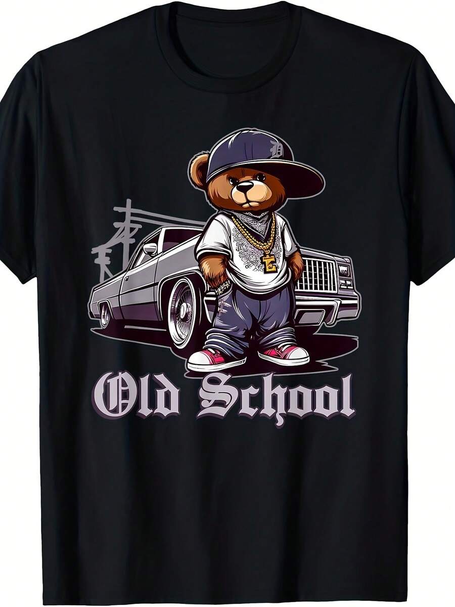 Camiseta Retro-Hop con Oso de Peluche y Pantalones Discretos, Estilo Unisex de Verano 2025, Manga Corta, Tela de Color Sólido de 220G - Negro - Ver 1