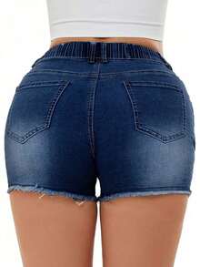 Women's Elastic Waist Drawstring Distressed Denim Shorts With Pockets Casual Summer - Dark Blue - 查看 3