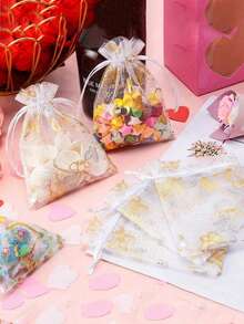 40 Stück kleine weiße & goldene Schmetterling Deko transparente Organza Zugbeutel, Muster mit goldenen Schmetterling- & Blumenmuster, geeignet für Schmuck, Party Geschenke - A - Übersicht 6