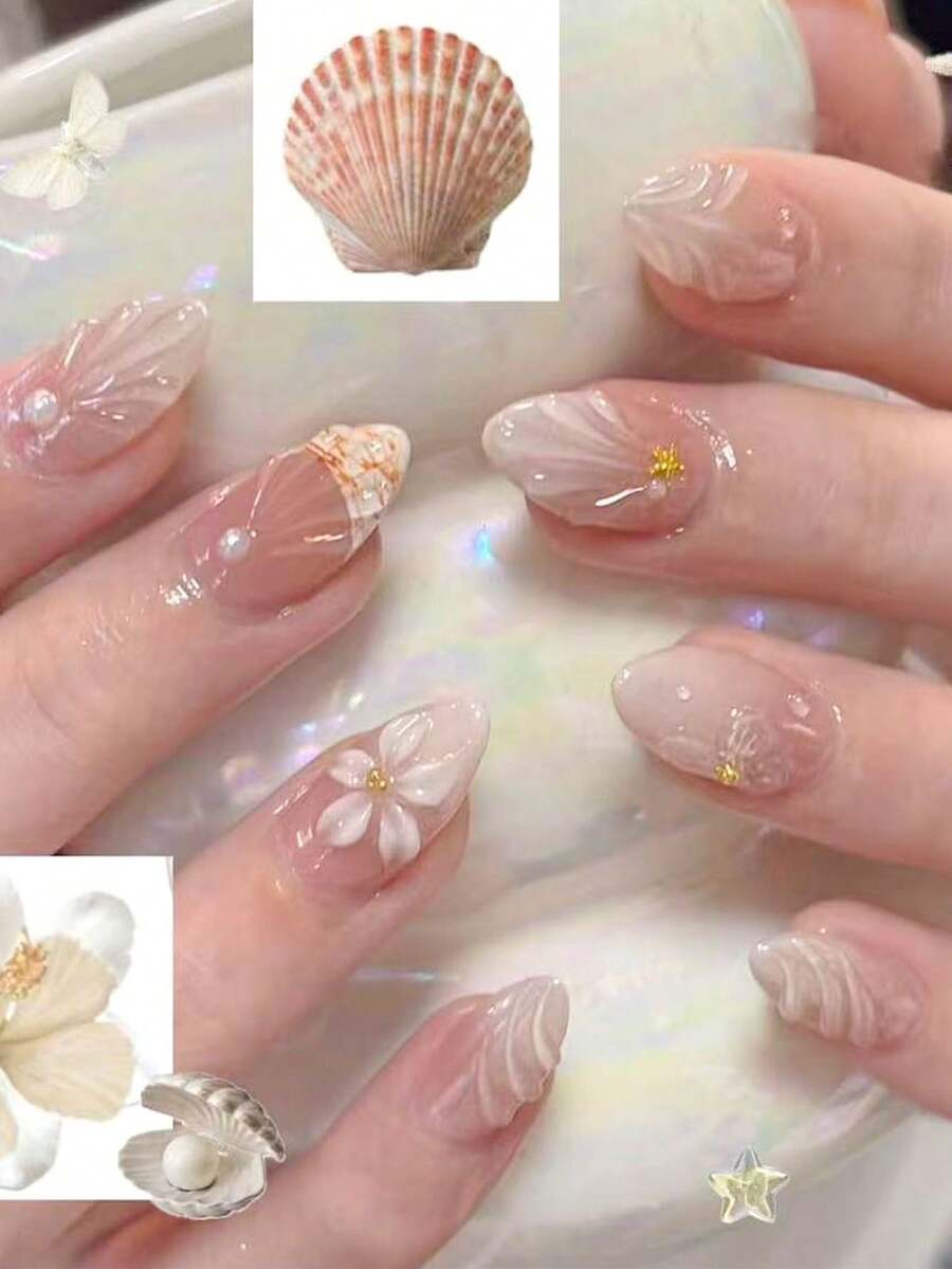 10片手工杏仁形短款假指甲,裸粉色柔软奢华美甲,3D立体贝壳纹理,花卉螺旋图案,金色星星和珍珠装饰,透明果冻效果,适合各种场合,包含美甲工具,易于佩戴和卸除,适合女性和女孩。 - 藕粉色 - 查看 1