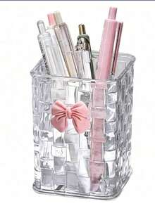 Acrylic Desktop Pen Holder - Transparent Pen Holder Storage Box, Makeup Brush Cup - With Bow Decor - Back To School Accessory, Teacher's Day Gift (Transparent) - Multicolor - View 7