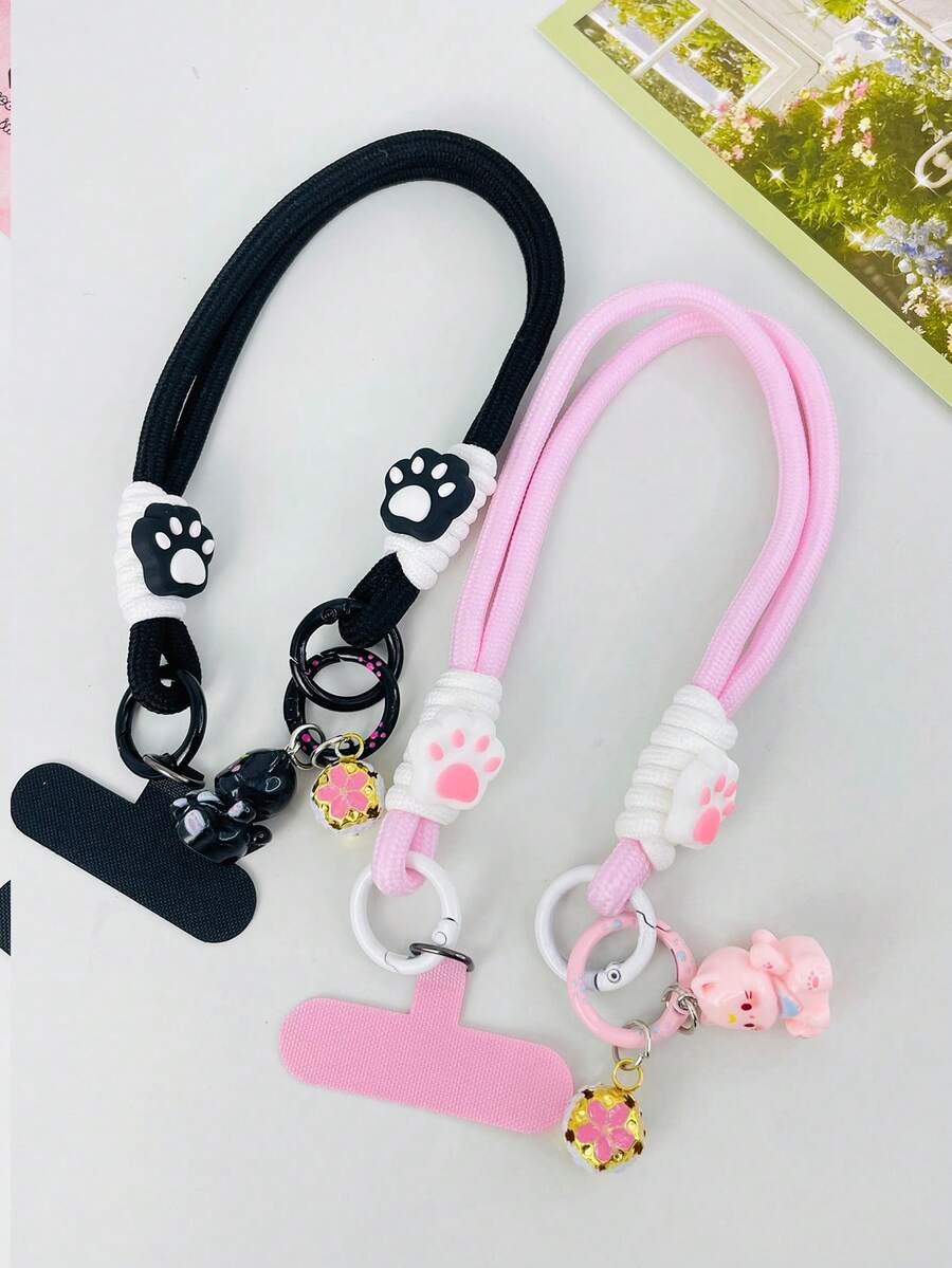 1条英伦风猫爪铃铛编织手机挂绳腕带，短款相机挂绳钥匙扣，通用腕带带夹，时尚耐用防丢 - 彩色 - 查看 1