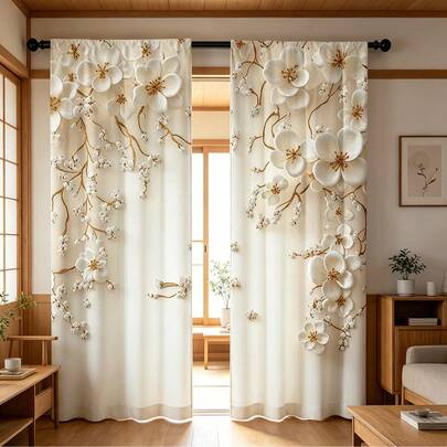 2PCS Pearl Plum Blossom Curtains, Elegant Modern Window Decorations, Anti Privacy Curtain Panels Suitable For Decorating Windows In Living Rooms, Bedrooms, Balconies, Kitchens, Study Rooms, And Shower Rooms, Decorative Curtains