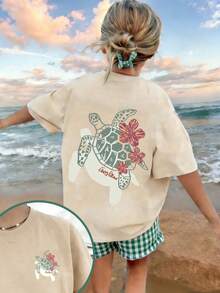 Girls Sea Turtle Floral 2 Piece Outfit, Beachy Short Sleeve Tee & Gingham Ruffle Shorts Set, Summer Casual Wear - 杏色 - 查看 4