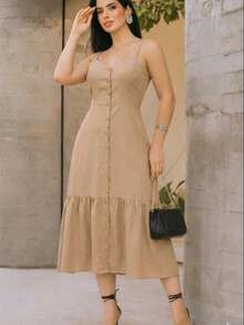 Long Dress In Viscose Linen, Plain, With Thin Straps, Buttons Down The Front, Padded Cups And Lining. Elasticated Back. - Beige - View 5