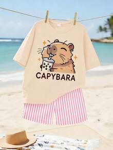 2pcs/Set Girls Cute Capybara Bubble Pattern Outfit, Loose Cartoon T-Shirt With Striped Shorts, Soft Comfortable Fabric Sweet Summer Back To School Essential - Apricot - View 2