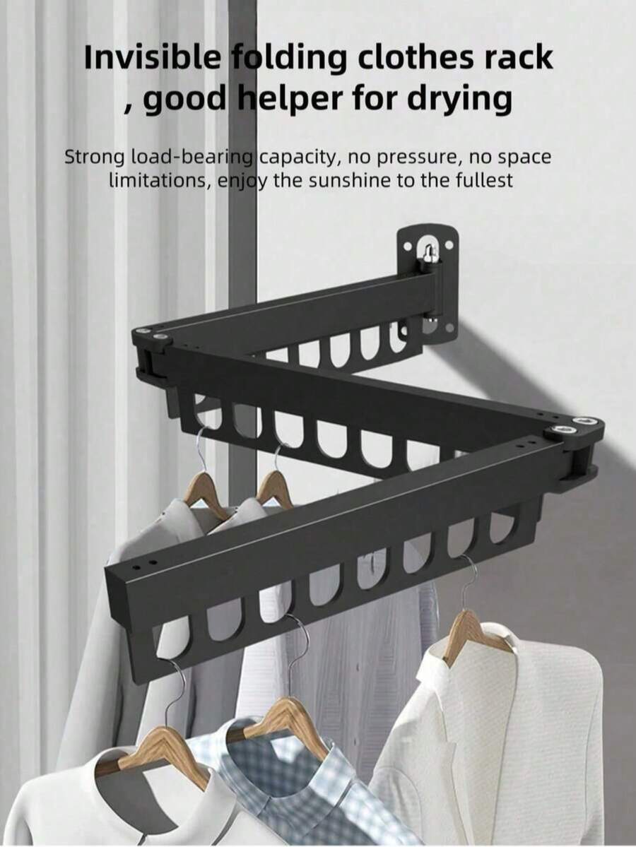 1 pieza Tendedero plegable, adecuado para apartamentos pequeños; un dispositivo de secado retráctil invisible para el balcón; percha para ropa, tendedero; barra de secado retráctil; tendedero sin taladro; y una herramienta perfecta diseñada específicamente para secar ropa de cama; solución de secado compacta; equipo de lavandería que ahorra espacio; diseño retráctil; tendedero elegante; marco de metal duradero; tendedero de alta calidad; estante montado en la pared; tendedero retráctil; residentes urbanos; vida en espacios pequeños; tendedero - Negro - Ver 1