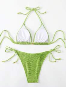 Sexy Backless Tie-Up Bikini Set, Medium Stretch Fabric, Women 2 Pieces Swimwear Summer - Green - View 5