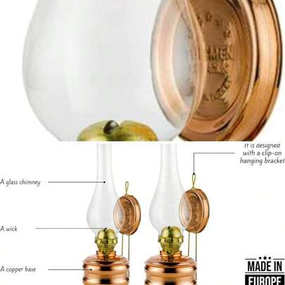 Handmade Traditional Copper Oil Lamp With Glass Chimney, Vintage Kerosene Antique Wick Lamp Lighting And Dcor, Rustic Glowing Fire Design, Decorative Wall Mount (Large)