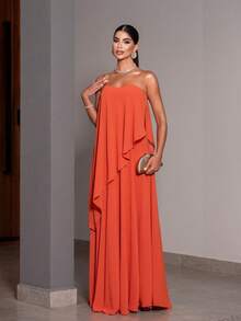 Elegant Strapless Long Dress For Women, Bridesmaid - 亮橙色 - 查看 1