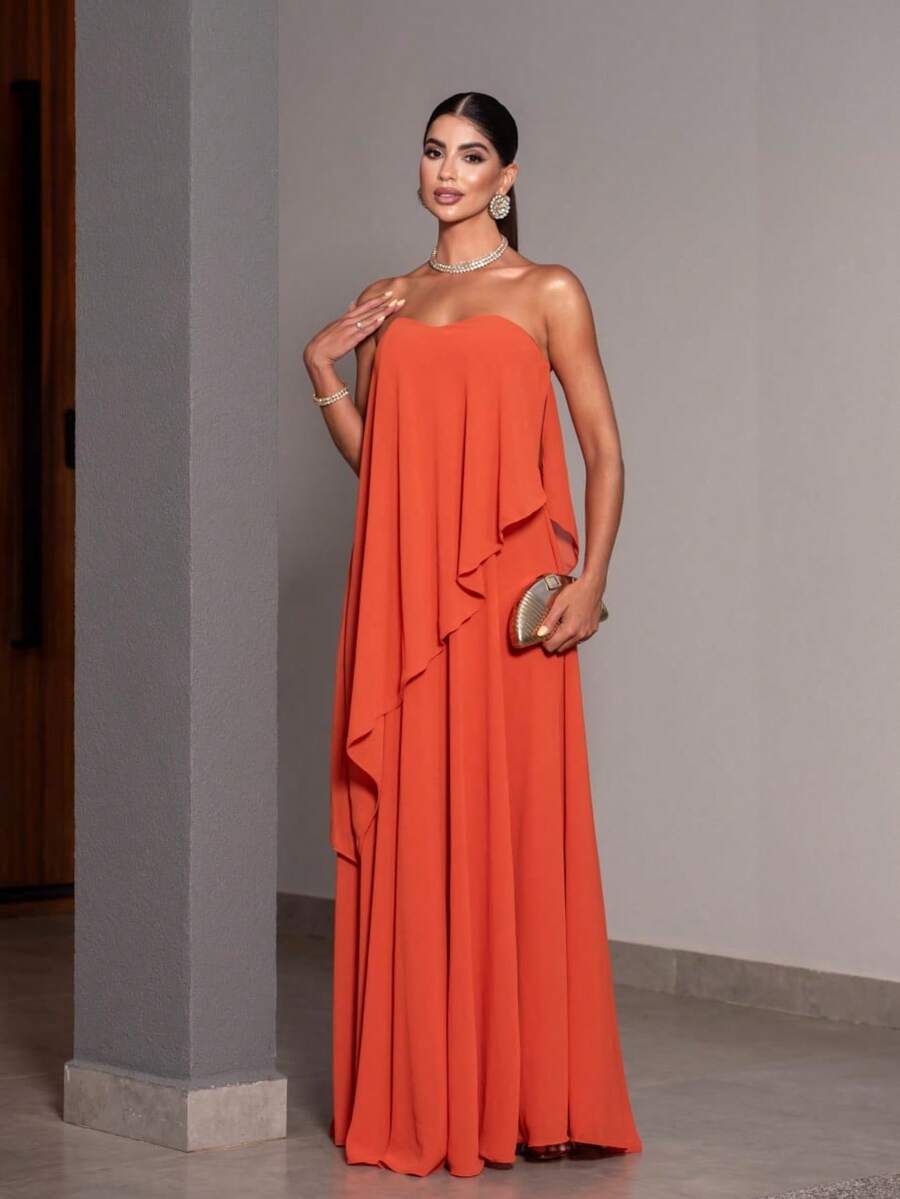 Elegant Strapless Long Dress For Women, Bridesmaid - 亮橙色 - 查看 1