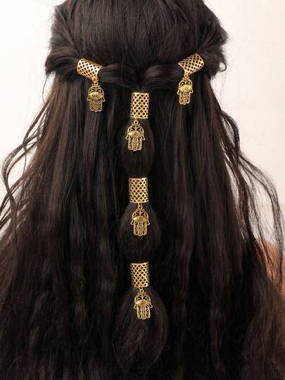 5pcs Vintage Bohemian Style Metal Hair Rings Set - Hollow Round Hair Accessories Suitable For Women And Girls, Elegant Solid Color Braided Hair Decorations And DIY Hairstyle Design