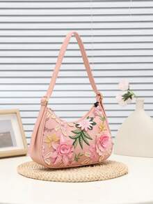 1 chiếc túi đeo vai màu hồng đính sequin thêu hoa thanh lịch, kiểu dáng thường ngày, thích hợp cho phụ nữ và bé gái, có khóa kéo, nhẹ, dùng hàng ngày. - Màu Hồng  Dưa hấu - Xem 3