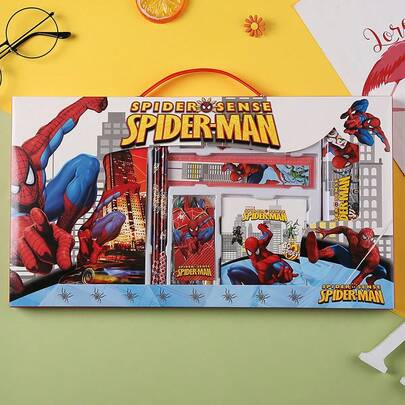 Marvel Bộ văn phòng phẩm dành cho trẻ em chủ đề Người Nhện - Bộ đồ dùng học tập hình anh hùng hoạt hình, bao gồm bút chì, vở, gọt bút chì, thước kẻ, v.v., quà tặng cho bé trai và người hâm mộ nhân dịp tựu trường.