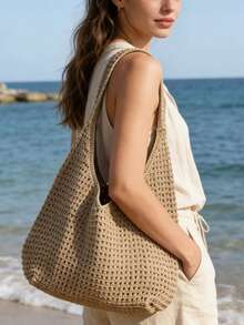 Túi đeo vai đan móc kiểu Bohemian dung tích lớn dành cho nữ, túi tote dệt rỗng thời trang, túi đeo vai đan thủ công, túi xách tay rỗng dáng casual mới dành cho nữ với dung tích lớn, phù hợp cho mùa hè, đi biển, phong cách tối giản cổ điển, thiết kế mở, phù hợp cho phụ nữ công sở thường ngày, vật dụng cần thiết khi đi du lịch, kỳ nghỉ biển và dã ngoại, túi đi biển, du lịch mùa hè thường ngày, phù hợp cho các chuyến phiêu lưu trên biển, mua sắm, sử dụng hàng ngày. - Nhiều màu - Xem 6