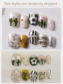 10 piezas Pegatinas de uñas con flores blancas y rayas verdes y negras, uñas postizas cortas, kit de uñas artificiales que incluye 1 hoja de pegatinas de uñas y 1 lima de uñas mini - Multicolor - Ver 4