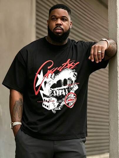 Plus Size Men's Black T-Shirt With Red & White Graffiti Skull & Star Print, Street Hip Hop Style