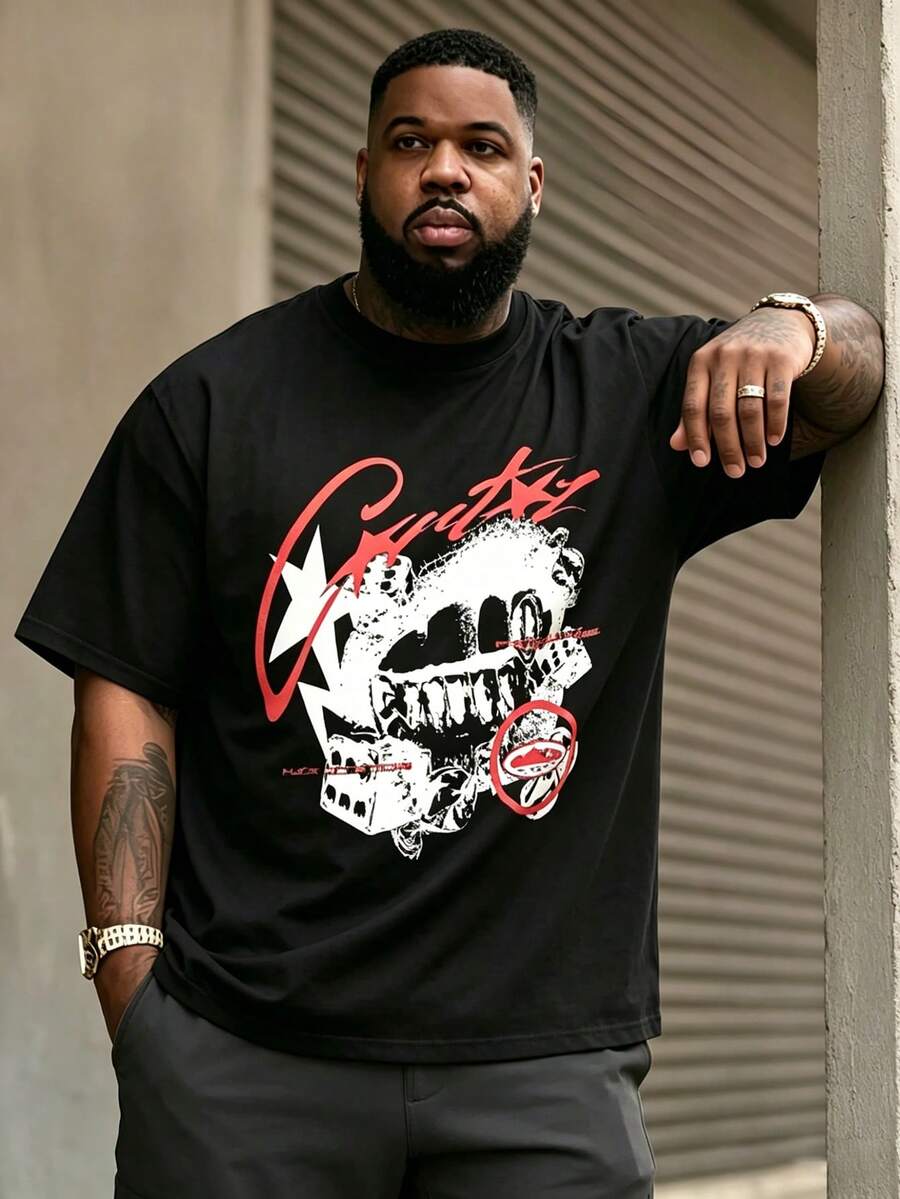 Große Größen Herren Schwarzes T-Shirt mit rotem und weißem Graffiti Totenkopf- und Sternenmuster, Straßen Hip-Hop Stil - Schwarz - Übersicht 1