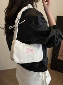 Túi Hobo quai nhún thêu nơ, phong cách Y2K, màu trơn, chất liệu nylon, thích hợp sử dụng hàng ngày. - trắng - Xem 5