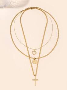 3pcs 18K Gold Plated Stainless Steel Hollow Heart, Evil Eye Bracelet, Large Cross Pendant Necklace Set, Double-Sided Polished Necklace With 45cm O-Chain, Adjustable Length. Fashionable European And American Style, Suitable For Women's Daily Decoration Or Gifts. - Yellow Gold - View 3