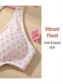 Conjunto de bikini con espalda descubierta y lazos, lindo y de peluche, traje de baño de lunares blancos y rosas para vacaciones, playa y verano - Blanco - Ver 5