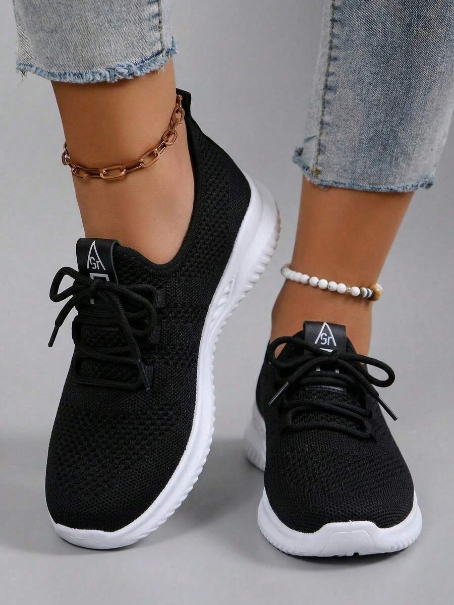 Fall/Winter Women Casual Sports Shoes Mesh Breathable Comfortable Lightweight Lace-Up Sneakers In Solid/Bright Colors, Anti-Slip & Wear-Resistant, Versatile White Shoes For Women - 黑色 - 查看 1