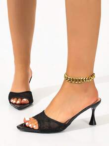 Women's Mesh Fabric Breathable Open Toe High Heel Sandals, Versatile Black Minimalist Pointed Toe Stiletto Slide Sandals, New Summer Style - Black Pointed Double Mesh - View 7