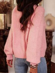 Light Luxury Soft Pink Knitted Sweater, Asymmetric Rhinestone Button Design, Round Neck Loose Pullover Top, European And American Influencer Style, Back To School And Commuting Blouse - Pink - View 2