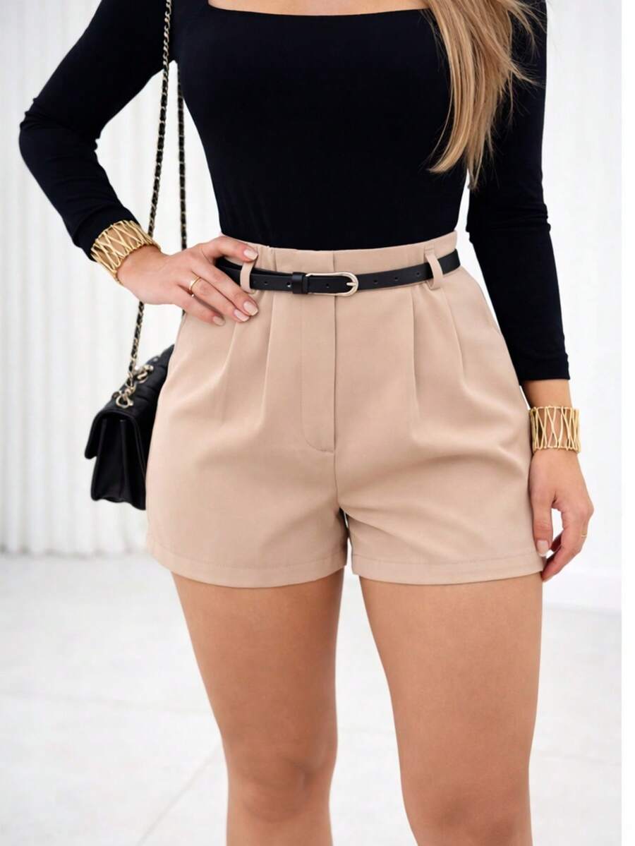 Women's Tailored High-Waisted Shorts With Belt - Beige - View 1